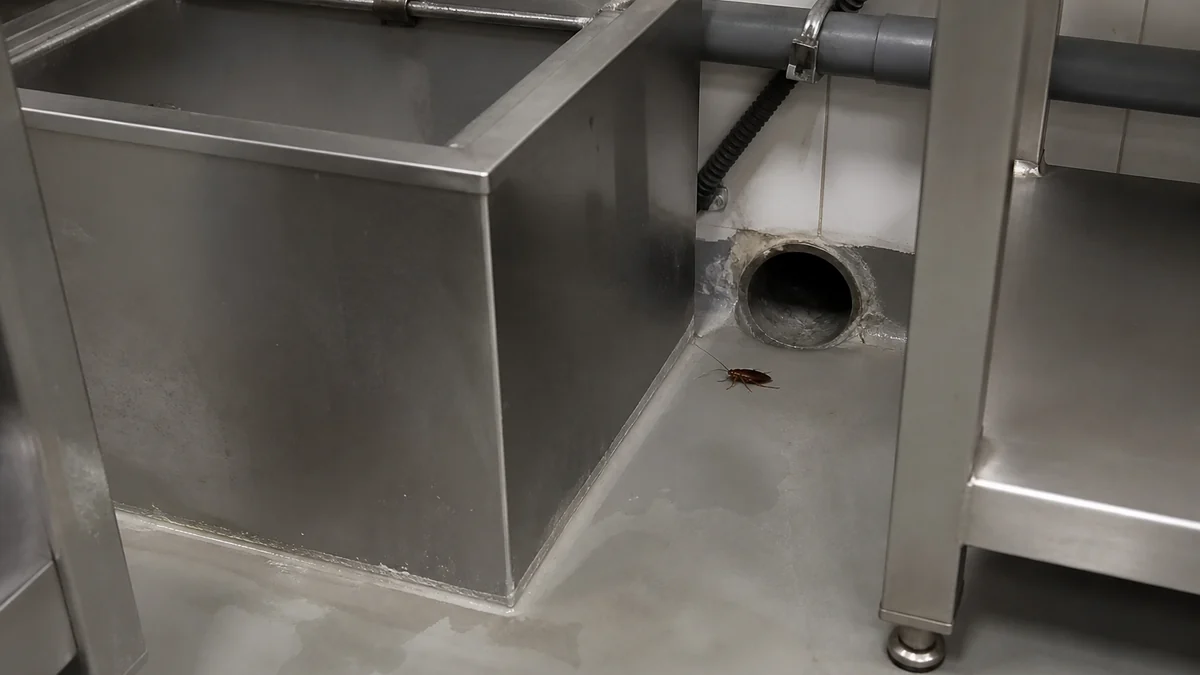 Zona técnica limpia de una trampa de grasas con tuberías y juntas del suelo