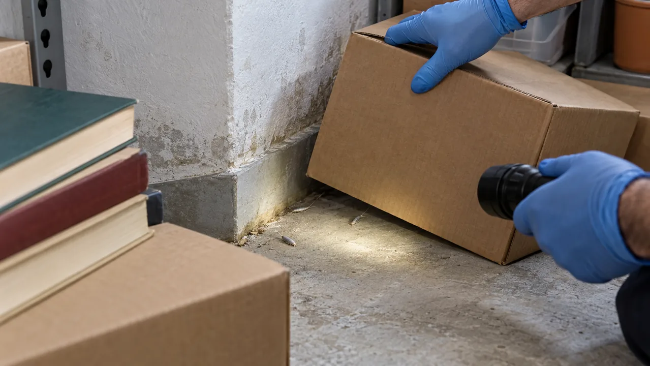 Técnico inspeccionando pececillos de plata junto a cajas y libros en un trastero