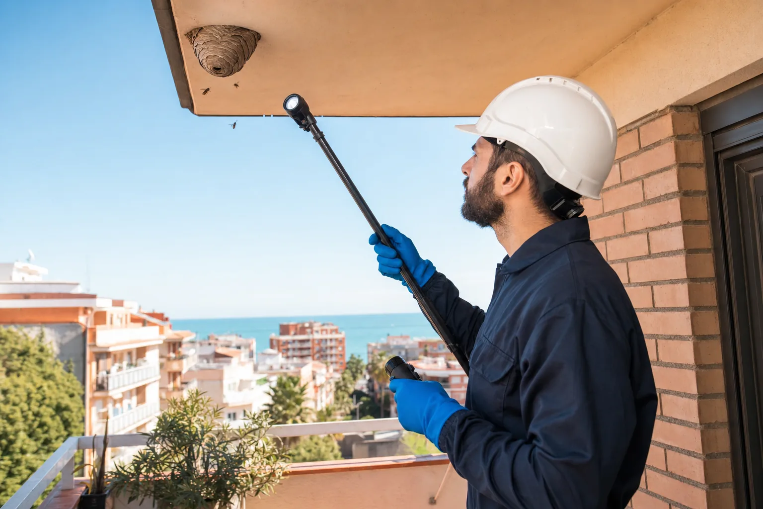 Técnico inspeccionando un nido de avispas bajo un alero en Badalona